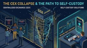 illustration showing a failed crypto exchange with frozen withdrawals and a safer self-custody wallet outside the platform