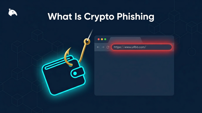 illustration of a crypto phishing attack with a fake wallet website and a hooked credential on navy background