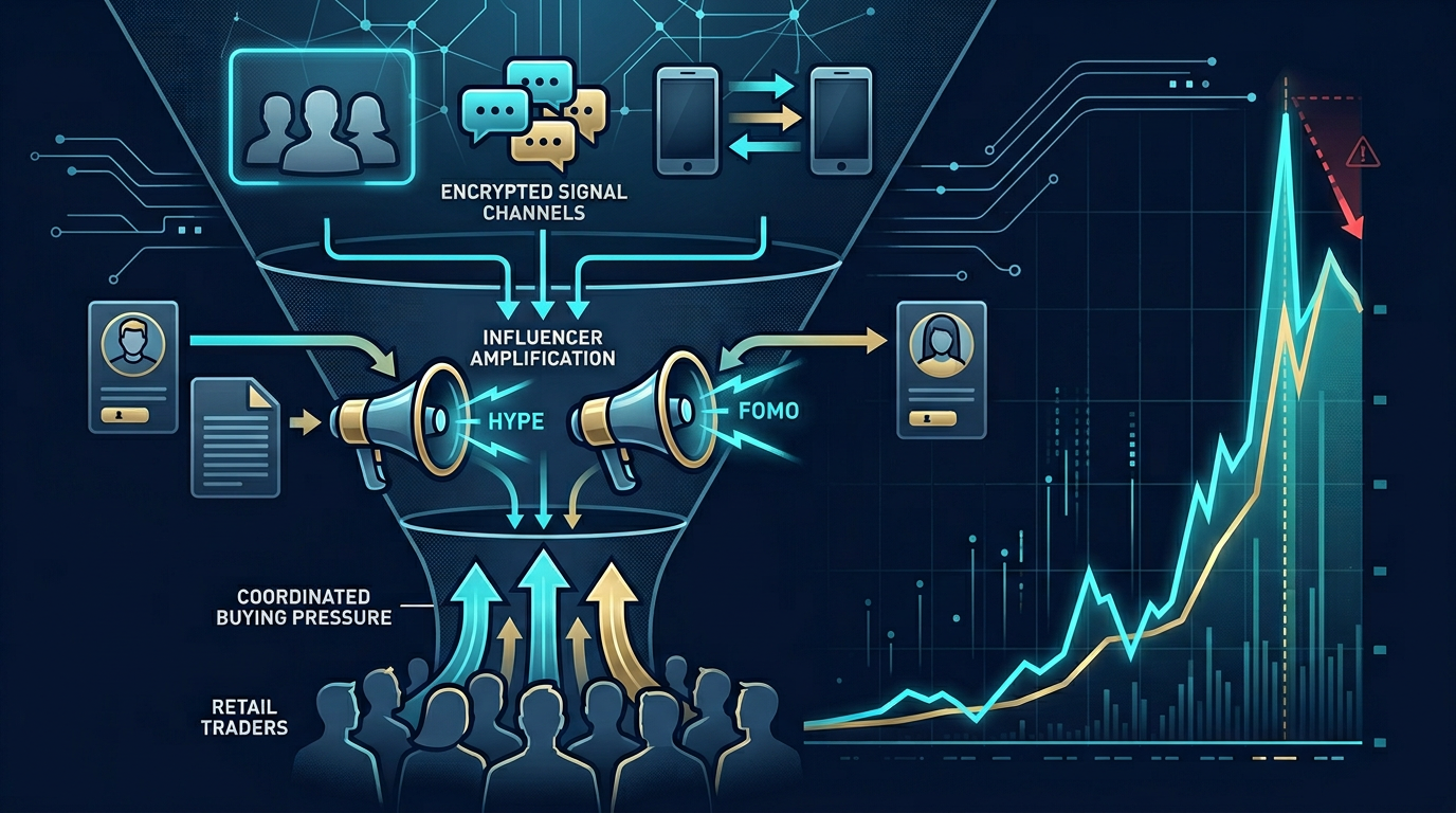 Visualization of social media and chat groups coordinating a crypto pump