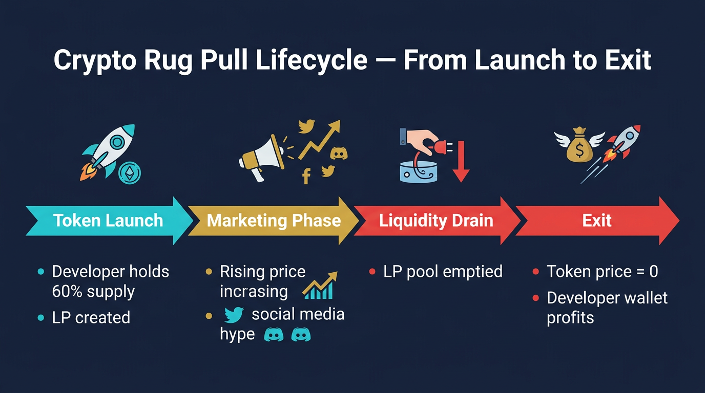 Rug Pull Warning Signs: How to Spot Crypto Scams 2 timeline diagram showing the stages of a crypto rug pull from token launch and promotion to liquidity withdrawal and price collapse