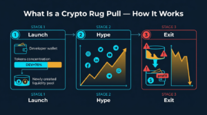 three stage flow diagram showing crypto rug pull mechanics from token launch with developer holding 70 percent supply through hype phase with rising price to exit stage with liquidity drained and price at zero