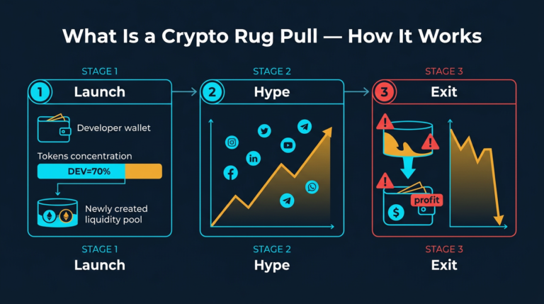 three stage flow diagram showing crypto rug pull mechanics from token launch with developer holding 70 percent supply through hype phase with rising price to exit stage with liquidity drained and price at zero