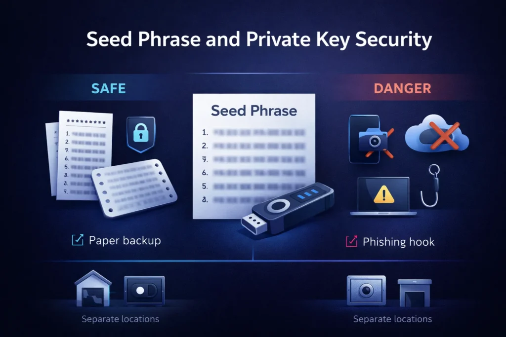 Crypto seed phrase and private key security infographic showing offline paper backup, hardware wallet protection, and warnings against cloud storage and phishing attacks.