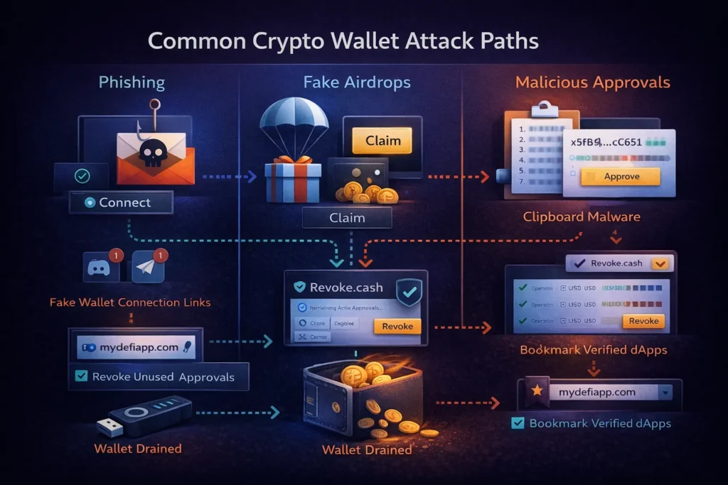 Crypto transaction security infographic showing phishing wallet connections, fake airdrops, clipboard malware, and smart contract approval risks that can drain a crypto wallet.