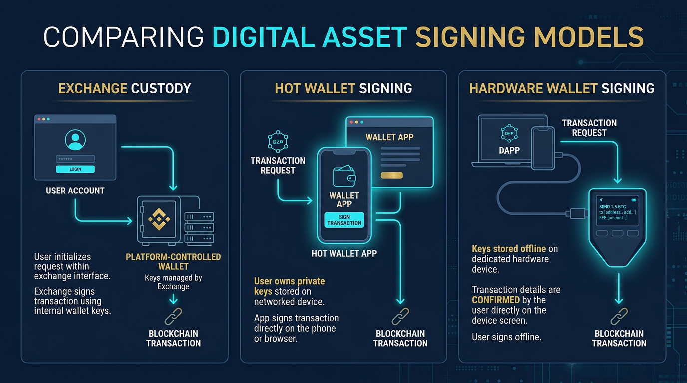 Crypto wallet custody and signing models diagram comparing exchange custody, hot wallet signing, and hardware wallet signing paths