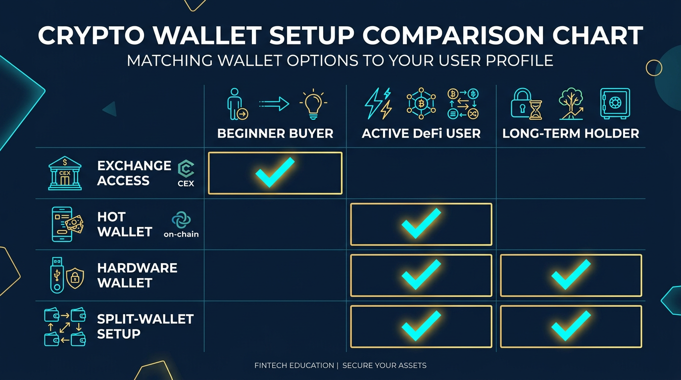 Crypto wallet selection risk matrix matrix showing beginner, active DeFi, and long-term holder profiles matched to exchange, hot wallet, and hardware wallet setups