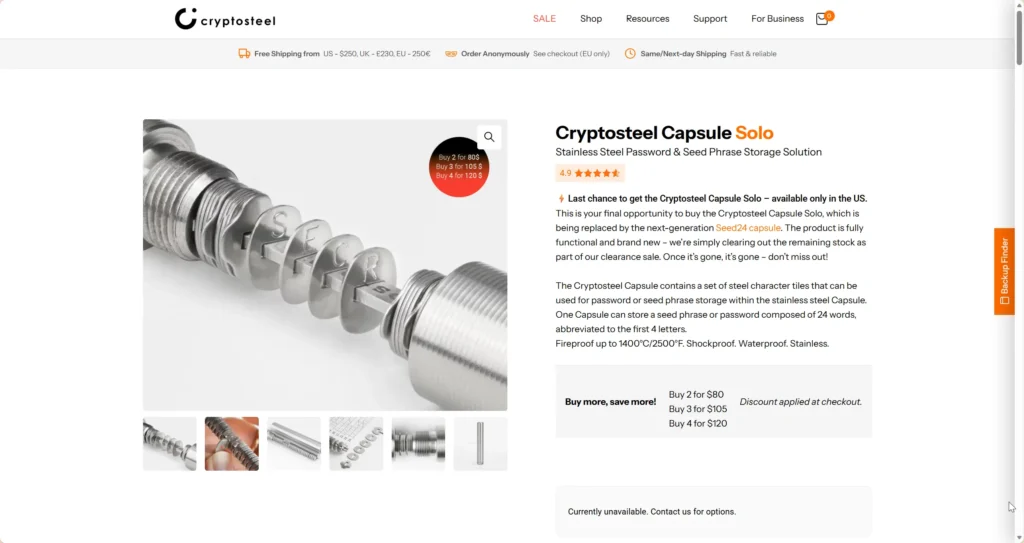 Cryptosteel Capsule metal seed phrase backup for storing crypto wallet recovery phrases