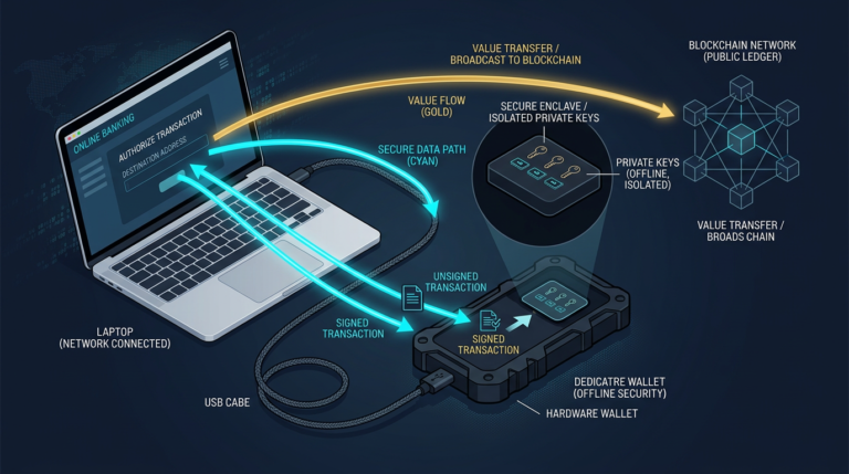 What Is a Hardware Wallet? How Key Storage Works 2 illustration showing a dedicated crypto signing device isolating private keys while approving a transaction from a connected computer