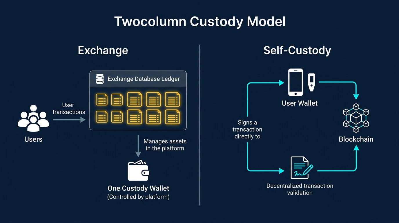Exchange custody vs self-custody flow diagram showing exchange custody ledger balances versus self-custody wallet control