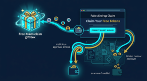 illustration showing a fake airdrop claim page leading a connected wallet toward malicious approvals and wallet drain risk