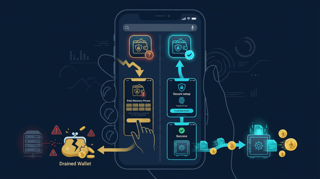 illustration showing a fake wallet app impersonating a real wallet and stealing a recovery phrase from a phone user