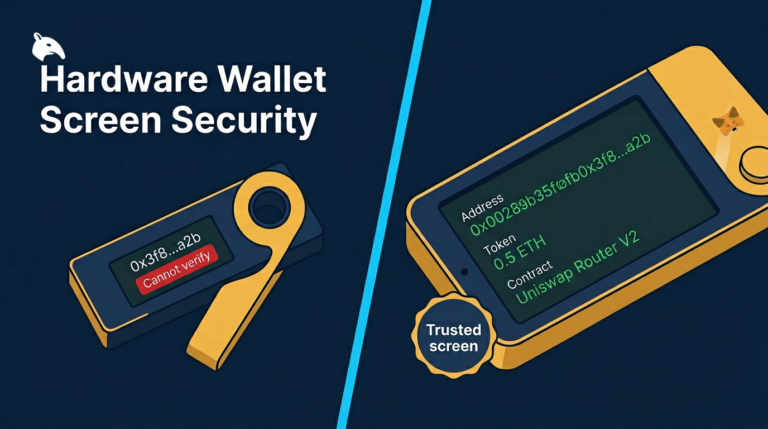 comparison of hardware wallet screens showing full transaction details on large screen vs truncated details on small screen