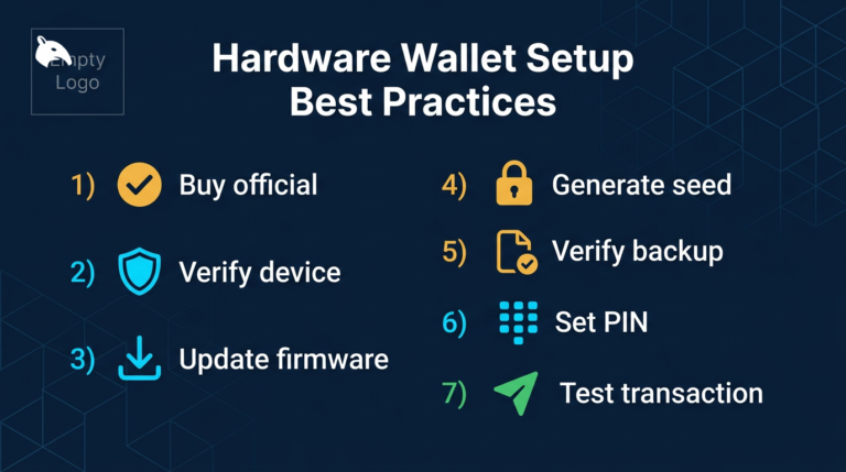 How to Set Up a Hardware Wallet Safely 2 illustration of hardware wallet setup process with seed phrase backup and PIN on a navy fintech background
