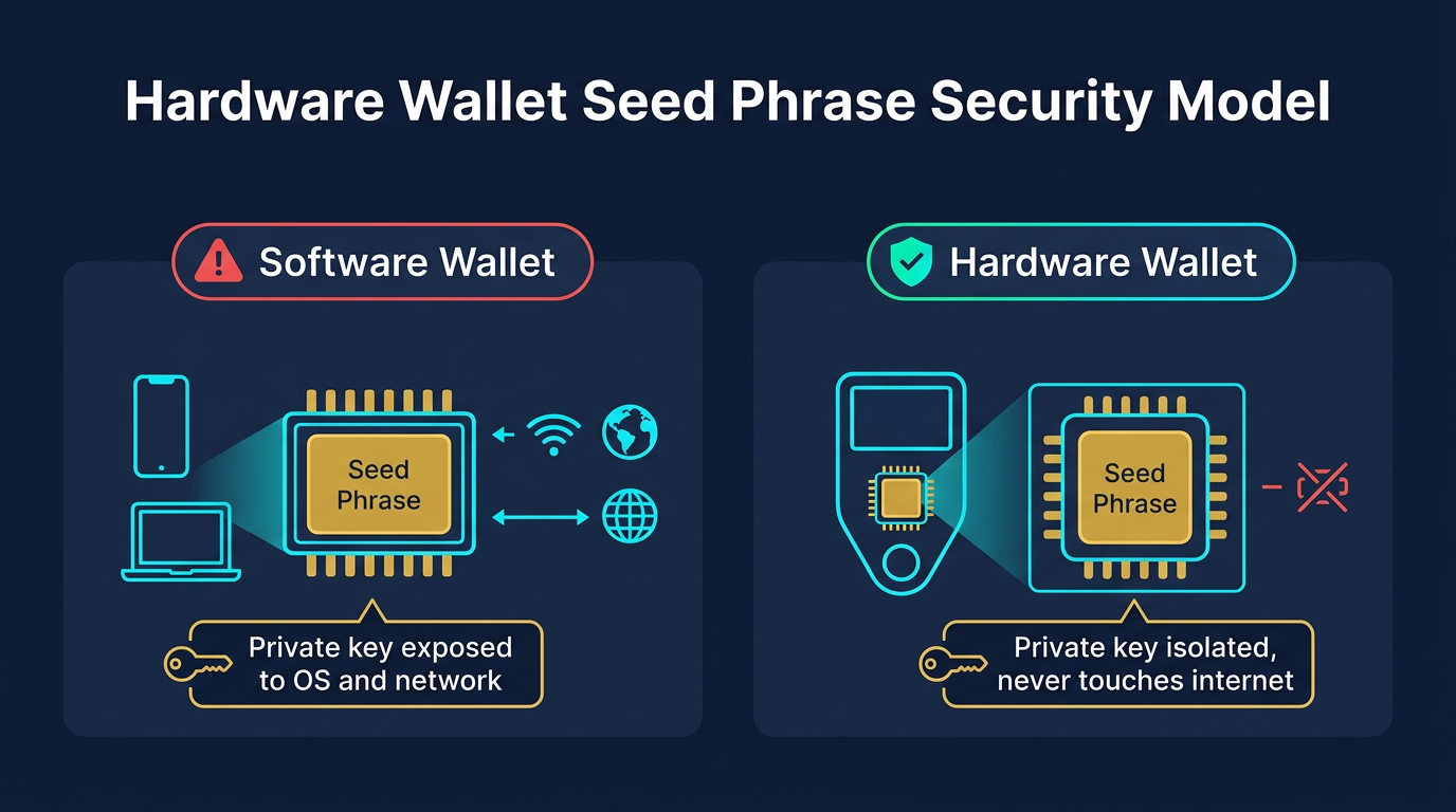 side by side comparison showing software wallet with seed phrase exposed in device RAM and connected to internet versus hardware wallet with seed phrase isolated in secure chip and no internet connection
