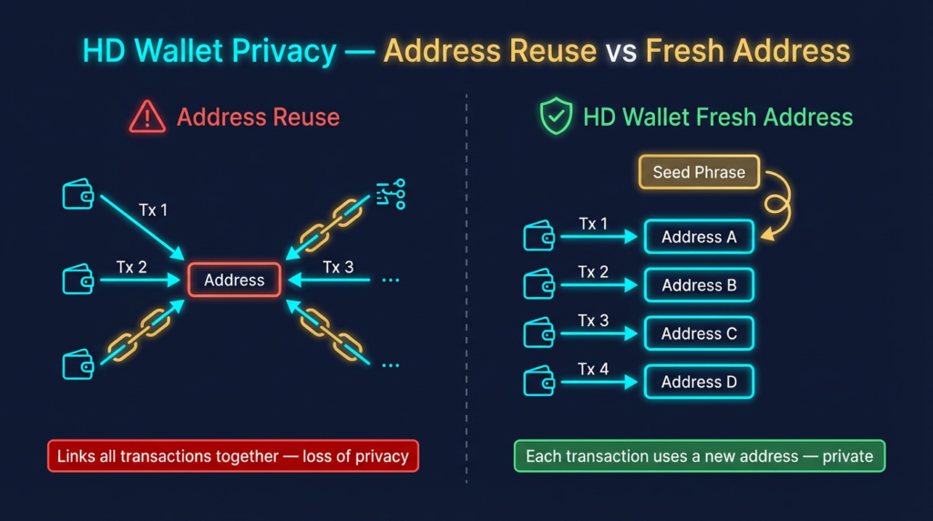 comparison diagram showing address reuse on the left linking all transactions to one address exposing transaction history versus hd wallet fresh address generation on the right using a new address per transaction for privacy