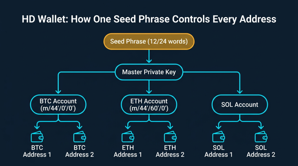 tree hierarchy diagram showing how a single seed phrase generates a master private key which branches into Bitcoin Ethereum and Solana accounts each producing multiple wallet addresses via derivation paths