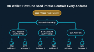 tree hierarchy diagram showing how a single seed phrase generates a master private key which branches into Bitcoin Ethereum and Solana accounts each producing multiple wallet addresses via derivation paths