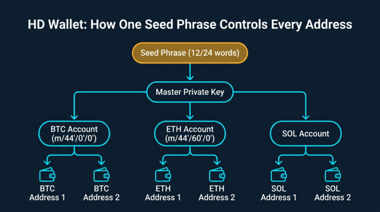 tree hierarchy diagram showing how a single seed phrase generates a master private key which branches into Bitcoin Ethereum and Solana accounts each producing multiple wallet addresses via derivation paths