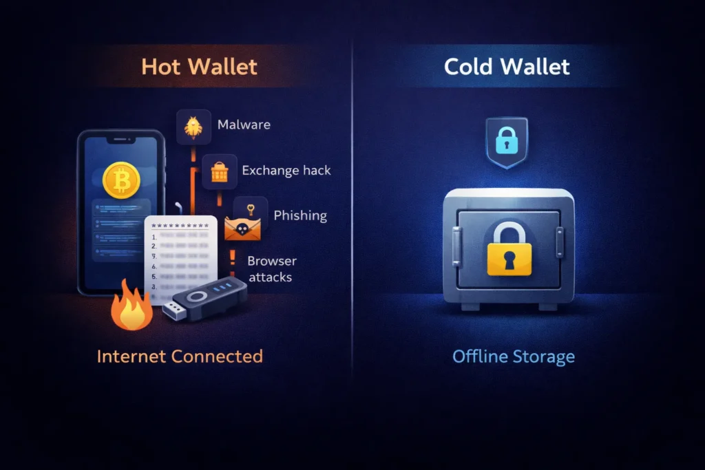 Crypto hot wallet vs cold wallet security infographic showing risks of internet-connected wallets and protection of offline hardware wallet cold storage.