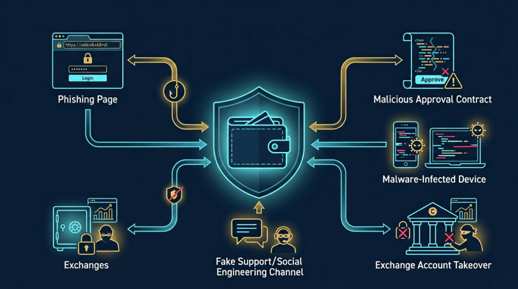illustration showing the main attack paths used to steal crypto including phishing, malicious approvals, malware, social engineering, and exchange account takeover