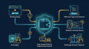 illustration showing the main attack paths used to steal crypto including phishing, malicious approvals, malware, social engineering, and exchange account takeover