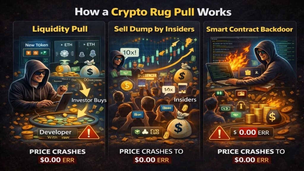 What Is a Crypto Rug Pull? 4 diagram explaining common crypto rug pull mechanisms including liquidity removal insider dumping and malicious smart contract permissions