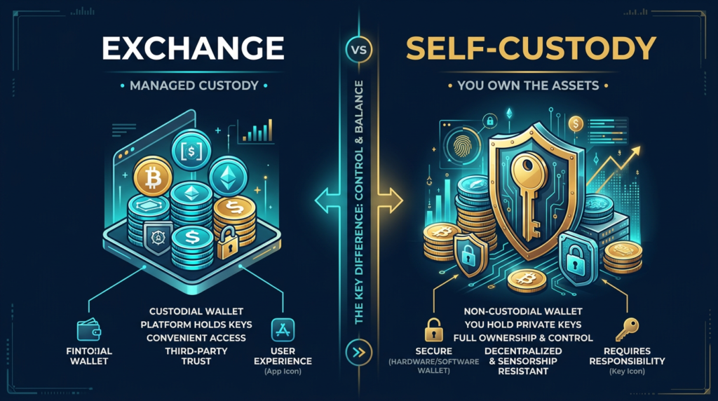How Much Crypto Should You Keep on an Exchange? Safer Limits 1 split between exchange and self-custody illustration navy