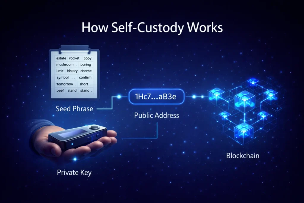 diagram showing how self custody crypto wallets work with seed phrase generating a private key and public address connected to the blockchain