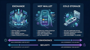 fintech illustration exchange vs wallet vs cold storage on navy background