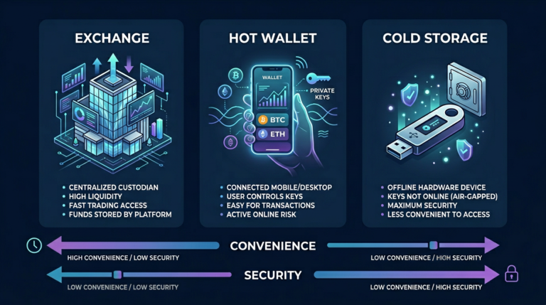 fintech illustration exchange vs wallet vs cold storage on navy background