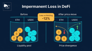 diagram explaining impermanent loss in a DeFi liquidity pool with price divergence on a navy fintech background
