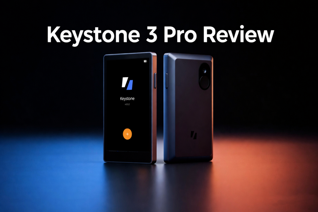 Keystone 3 Pro hardware wallet review featured image showing device and touchscreen interface