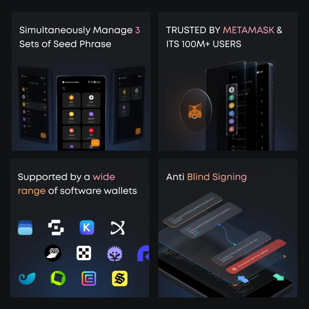 Keystone 3 Pro hardware wallet features including seed phrase management, MetaMask integration, multi-wallet support, and anti blind signing security