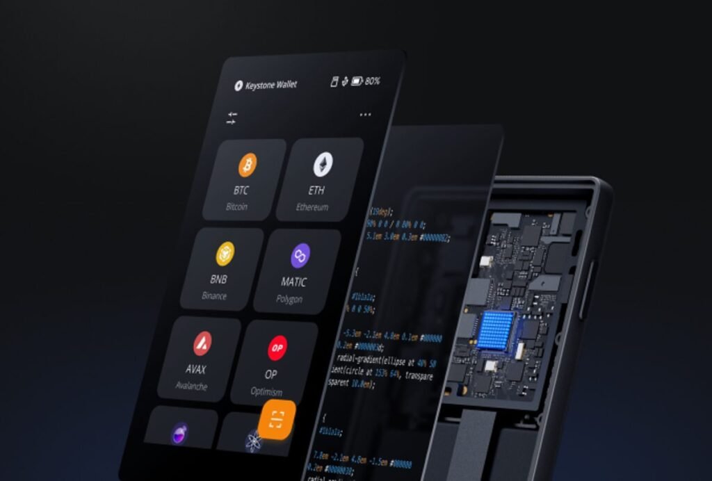 Keystone hardware wallet showing secure element chip and interface for cryptocurrency self custody and cold storage security