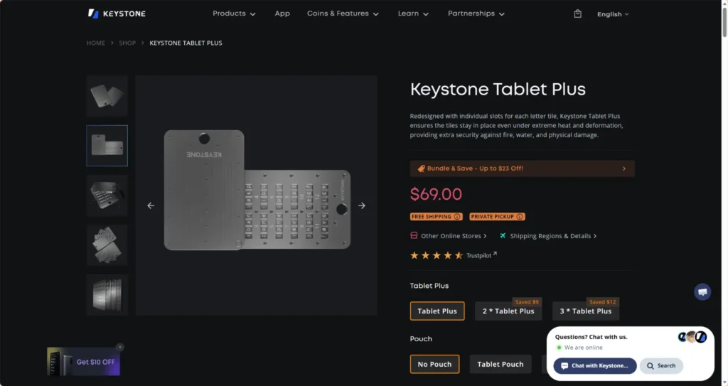 Keystone Tablet Plus metal seed phrase backup plate for crypto wallet recovery