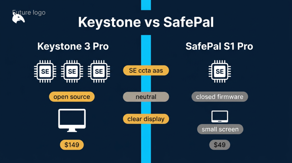 side-by-side comparison of Keystone 3 Pro and SafePal S1 Pro air-gapped hardware wallets on navy fintech background