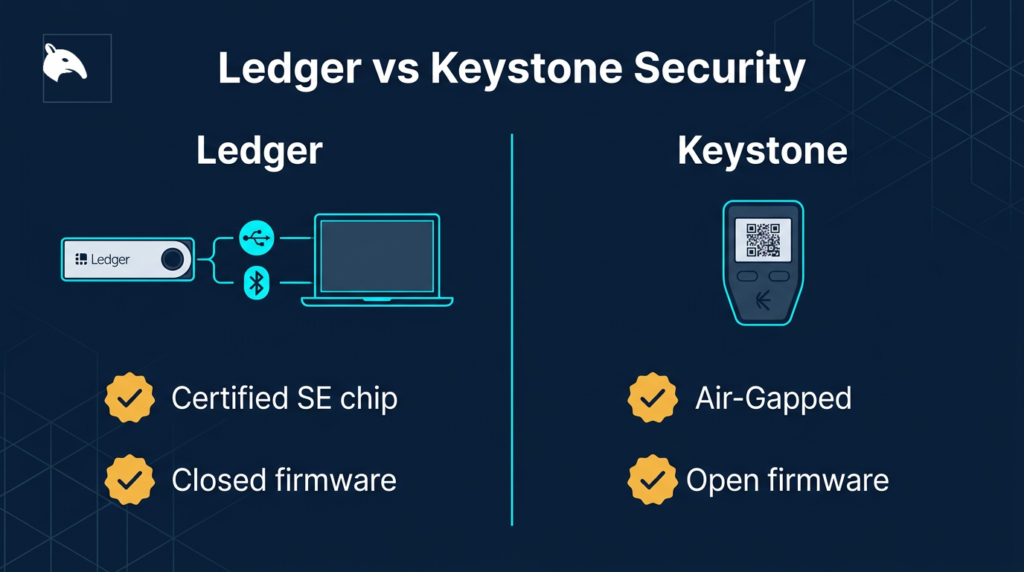 comparison of Ledger and Keystone hardware wallet security architecture on a navy fintech background