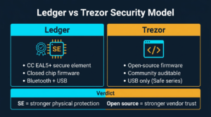 comparison diagram of Ledger versus Trezor security models showing Ledger with CC EAL5 plus secure element and closed firmware versus Trezor with open source community auditable firmware