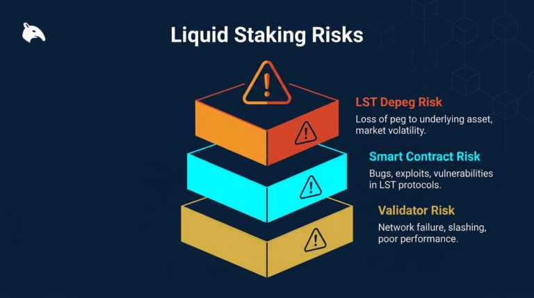 diagram showing liquid staking risks including smart contract and depeg risk on a navy fintech background
