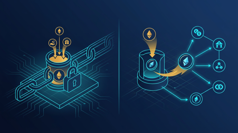 comparison diagram of liquid staking and native staking flows on navy blue fintech background with blockchain and derivative token elements