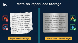 comparison of metal and paper seed storage methods on a navy blue fintech background