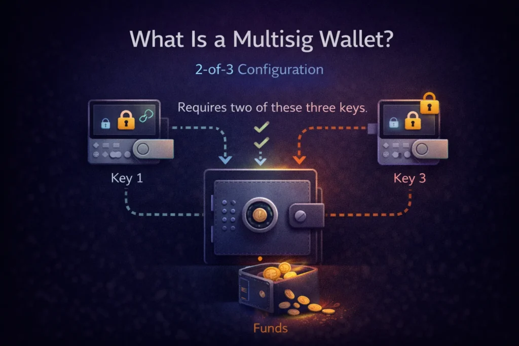 Multisig Wallet 2-of-3 Configuration: Two Keys Required for Access Multisig wallet infographic showing a 2-of-3 configuration where two out of three hardware keys must be used to access funds, with one key not meeting the requirement.