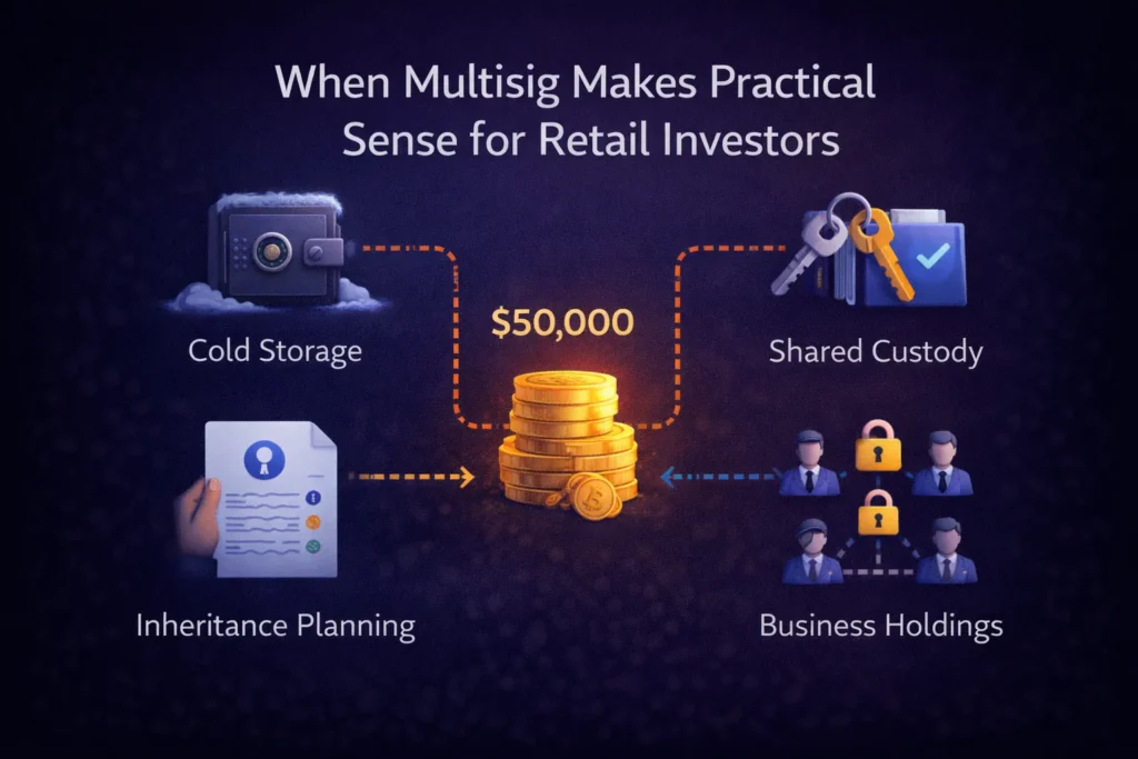 Multisig vs Single-Sig Wallets: Which Is Safer? 2 Multisig wallet infographic showing key use cases like cold storage, shared custody, inheritance planning, and business holdings, with a $50,000 investment threshold.