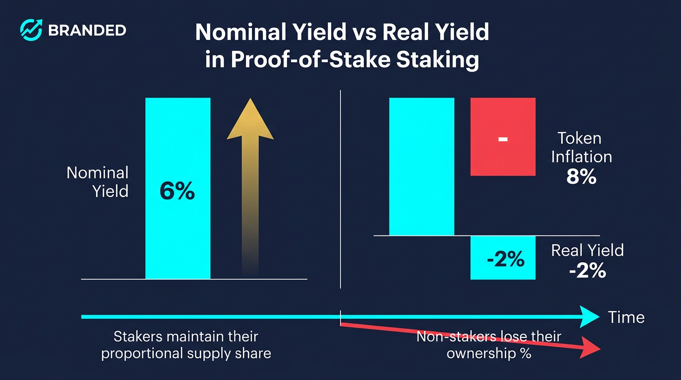 infographic comparing nominal staking yield of 6 percent against real yield after subtracting 8 percent token inflation showing a negative real return and the dilution effect on non-stakers