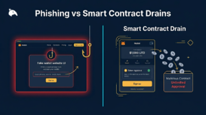 comparison diagram of phishing and smart contract drain attacks on a navy fintech background