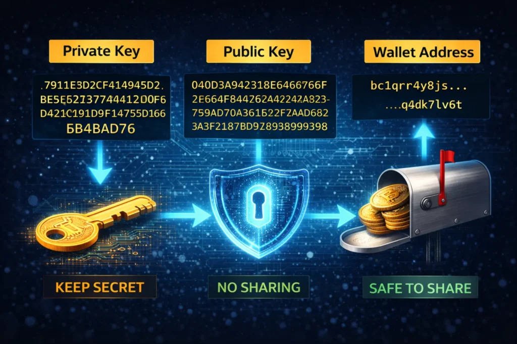 private-key-public-key-wallet-address-diagram Diagram showing relationship between private key, public key, and wallet address in crypto, highlighting one-way derivation and secure key ownership