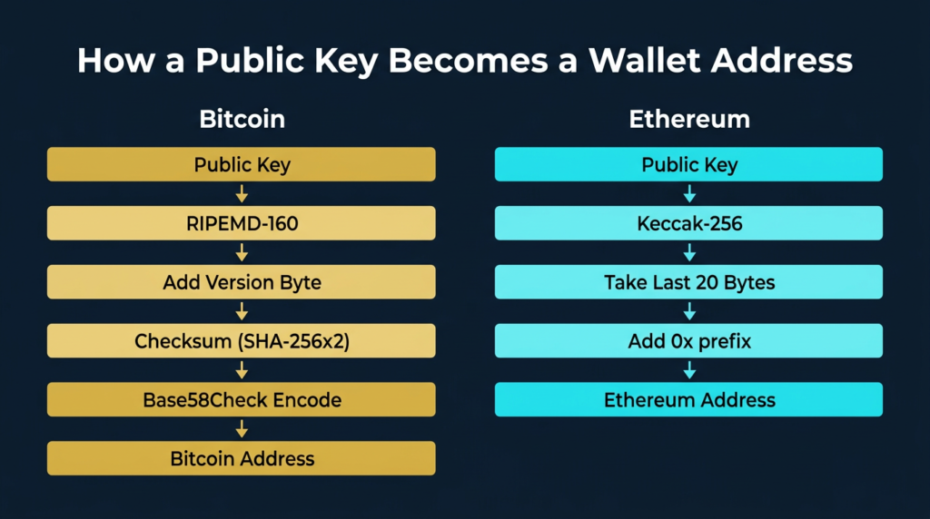 parallel step by step flow diagrams showing how a public key becomes a Bitcoin address through RIPEMD-160 checksum and Base58Check encoding on the left and an Ethereum address through Keccak-256 on the right