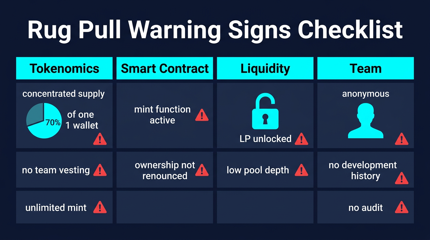 Rug Pull Warning Signs: How to Spot Crypto Scams 3 checklist infographic showing rug pull warning signs across tokenomics smart contract liquidity and team behavior