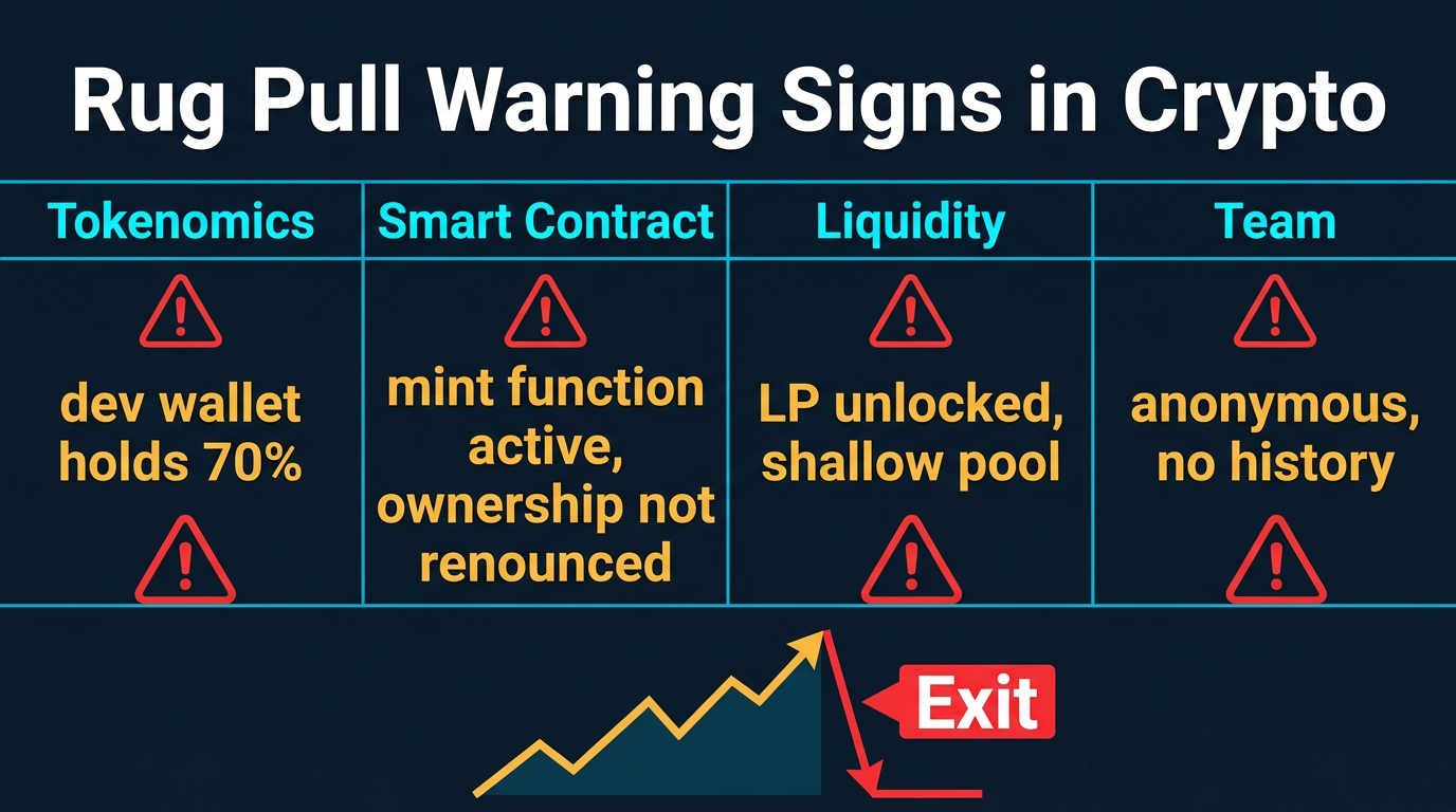 warning diagram showing four categories of rug pull red flags including tokenomics concentration, smart contract risks, unlocked liquidity, and anonymous team with a price crash exit chart