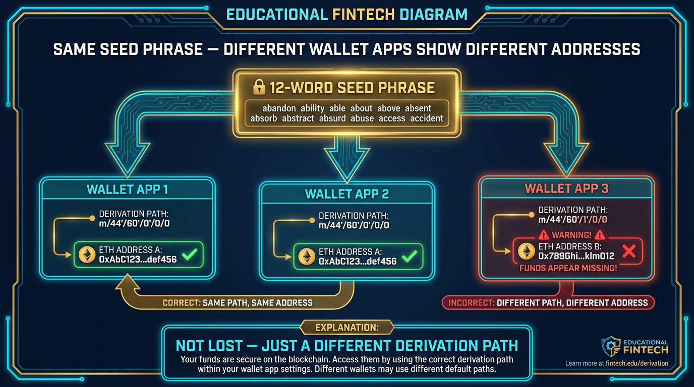 Wallet Derivation Path Explained 2 diagram showing the same 12-word seed phrase branching into three wallet apps where two apps using the same derivation path show the same address and one app using a different path shows a different address with funds appearing missing